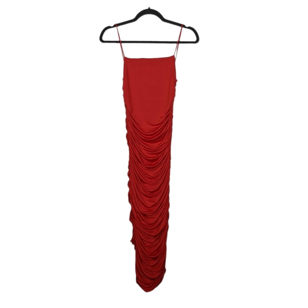 Y2K Red Maxi Rouched Stretchy Ribbed Long Dress Spaghetti Straps Small Scrunch